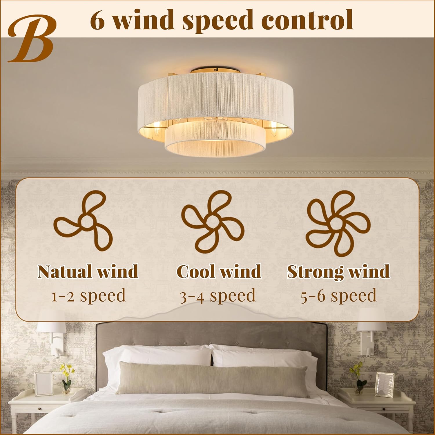 20' Boho Fandelier Ceiling Fan with Light and Remote, Gold Ceiling Fan with White Hand Woven Rattan, Flush Mount Low Profile Fan for Bedroom Living Room Kitchen, Reversible & Quiet