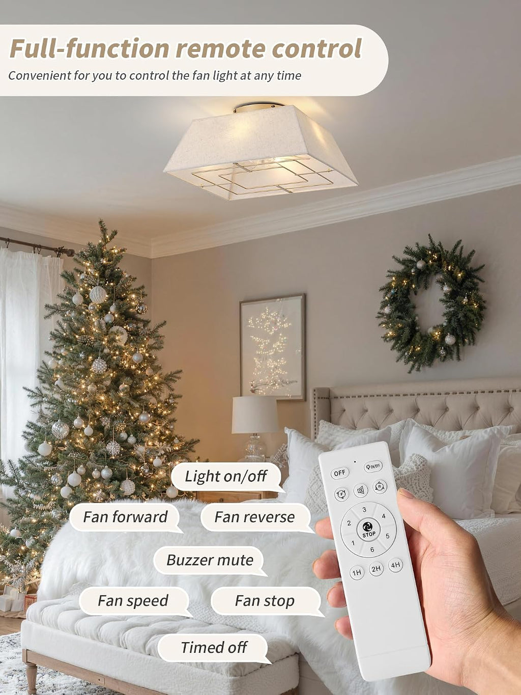20' Boho Ceiling Fans with Lights Flush Mount, Bladeless Ceiling Fan with Light Remote Control, Square with 6 Speeds for Bedroom, Living Room, Nursery (Beige)