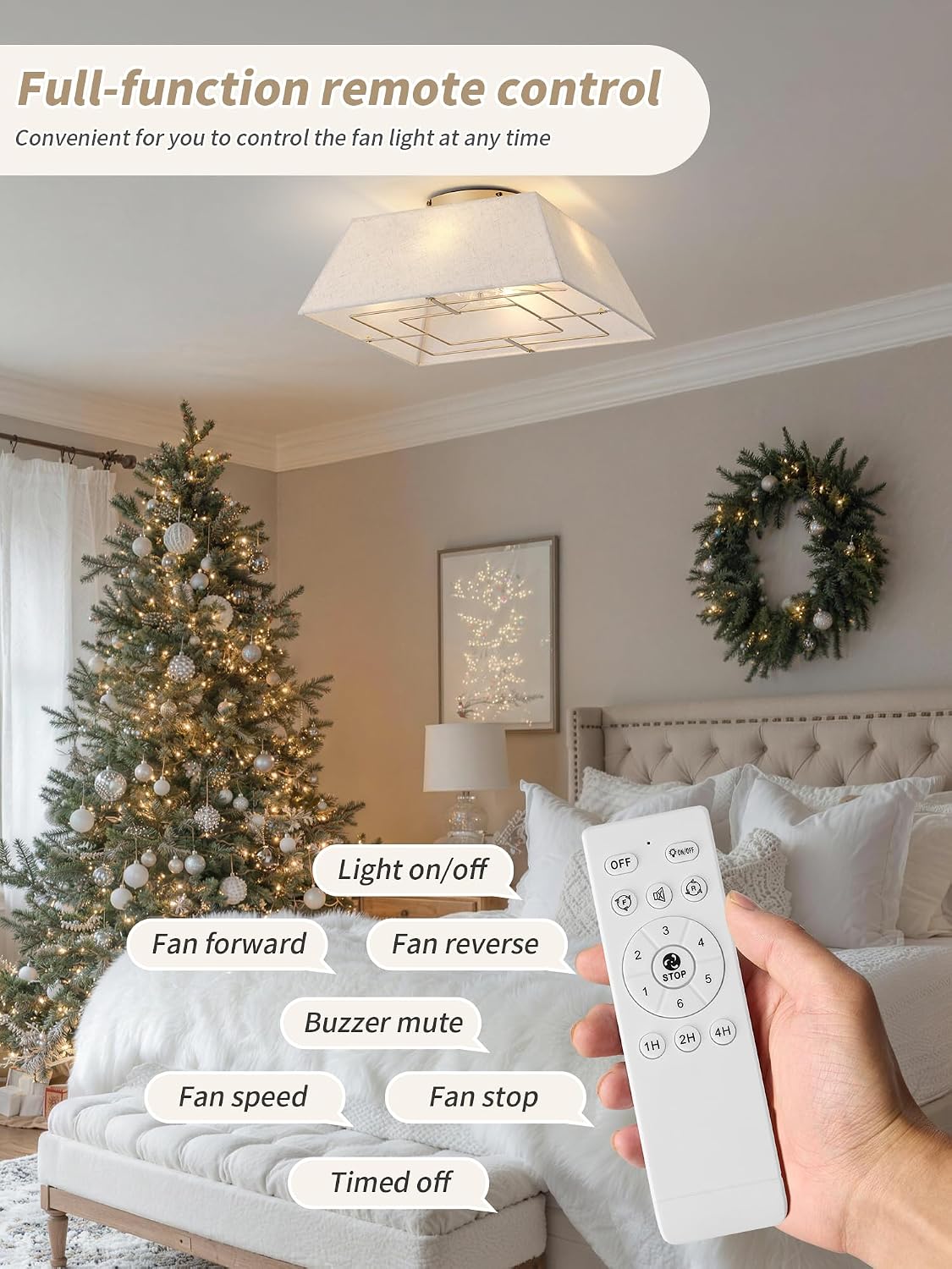 20' Boho Ceiling Fans with Lights Flush Mount, Bladeless Ceiling Fan with Light Remote Control, Square with 6 Speeds for Bedroom, Living Room, Nursery (Beige)