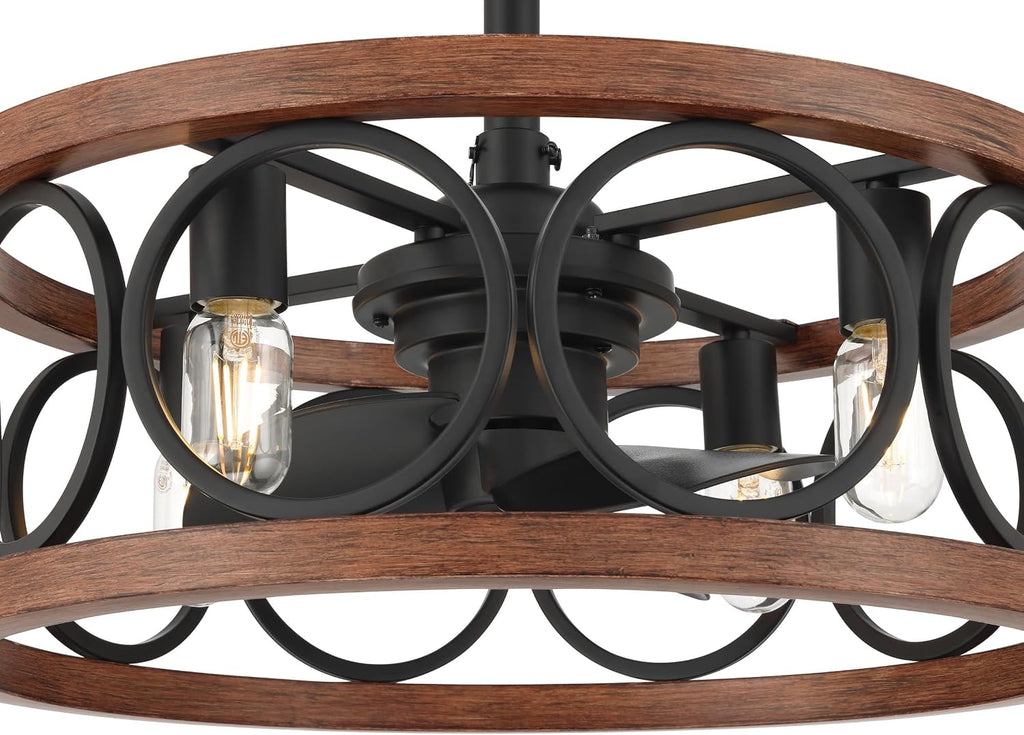Hunter Haven 22 inch Indoor Fandelier Caged Ceiling Fan with Light and Remote, Matte Black Ceiling Fan with Wood Accents, Industrial Farmhouse Style for Bedrooms, Living Rooms, and Home Offices, 50105