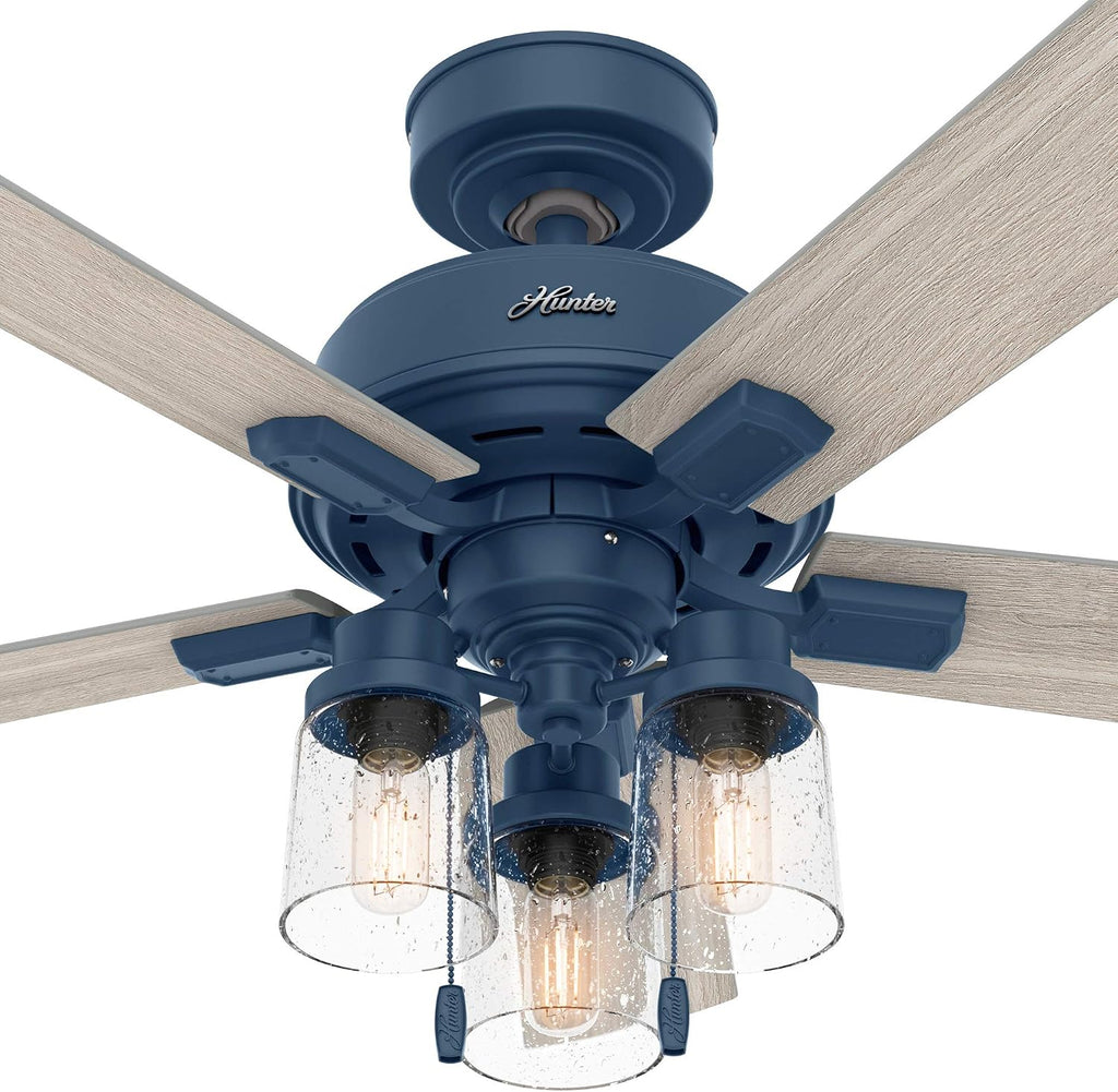 Hunter 44 inch Indoor Ceiling Fan with LED Lights - Ceiling Fan with Pull Chain, For Bedroom, Living Room, or Kitchen, Standard Mount, No Remote, 5 Blades - Hartland 50328, Indigo Blue