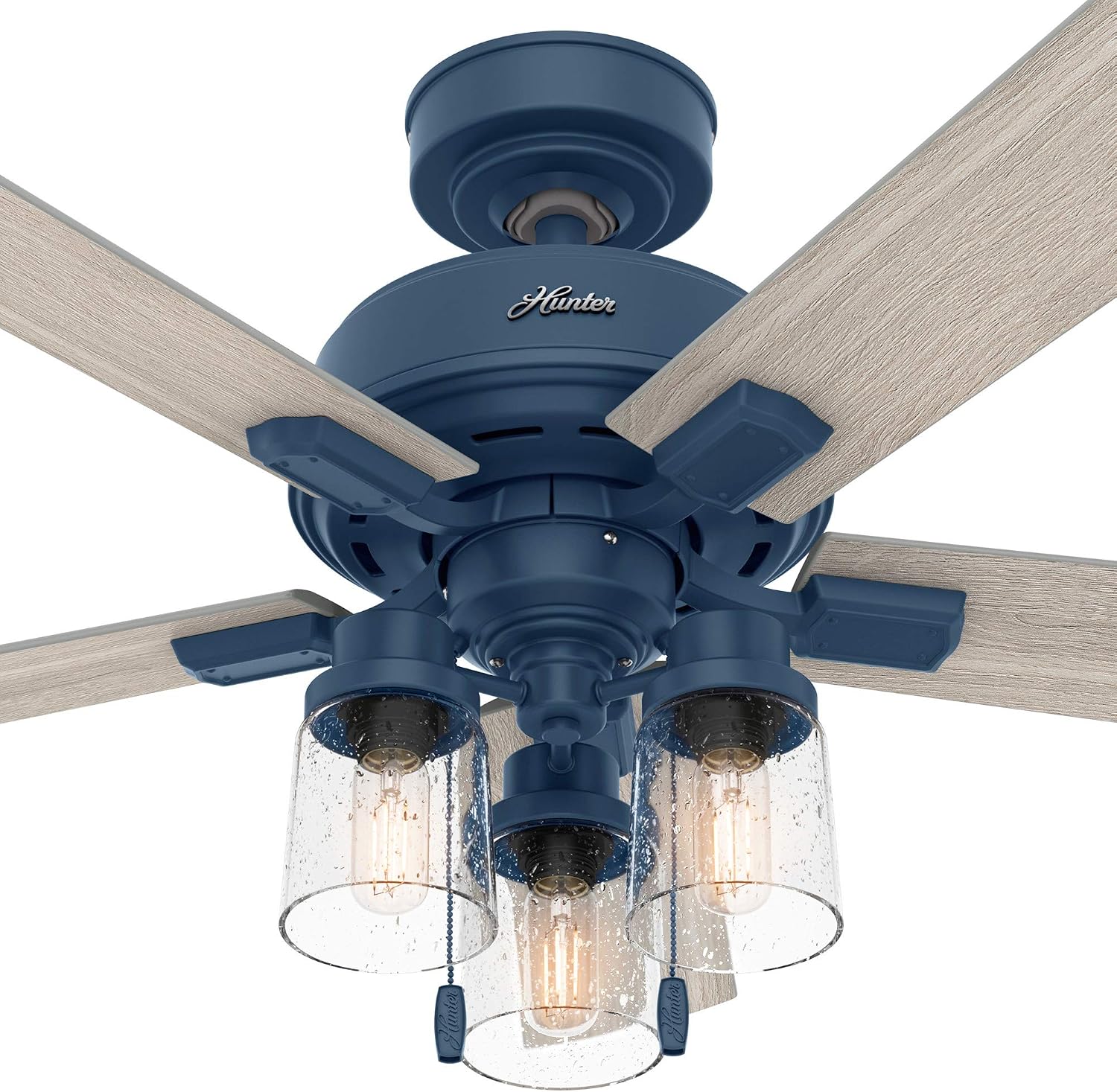 Hunter 44 inch Indoor Ceiling Fan with LED Lights - Ceiling Fan with Pull Chain, For Bedroom, Living Room, or Kitchen, Standard Mount, No Remote, 5 Blades - Hartland 50328, Indigo Blue