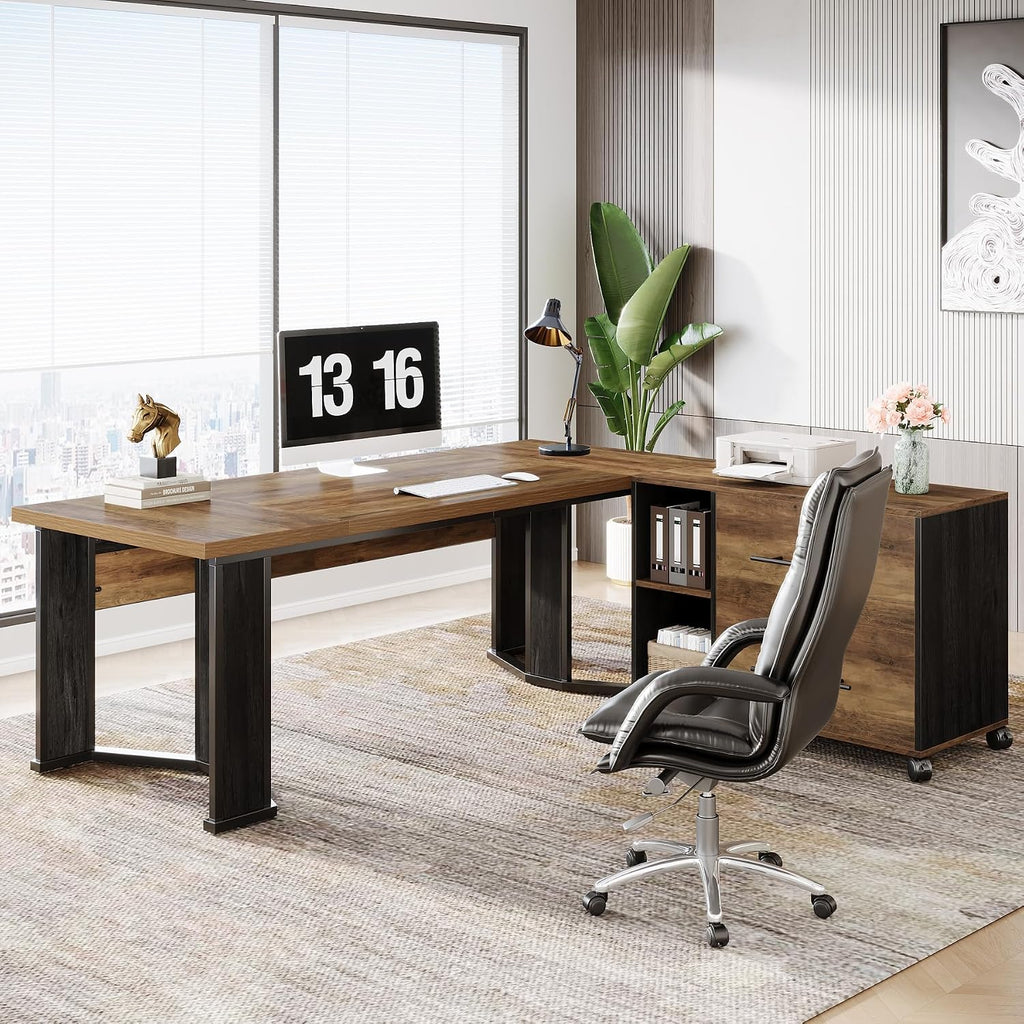 Tribesigns 70.86' Executive Desk with Mobile File Cabinet, Large L Shaped Computer Office Desk with 2 Drawers and Storage Shelves, Business Furniture Desk Workstation for Home Office (Rustic Brown)