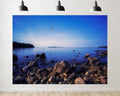 Trykid 20x10ft Smooth Boulders Seagulls Backdrop Calm Bay with Sailboats Drifting and Clear Blue Water Photography Background Coastal Tranquility Party Decoration Photo Booth Prop Fabric