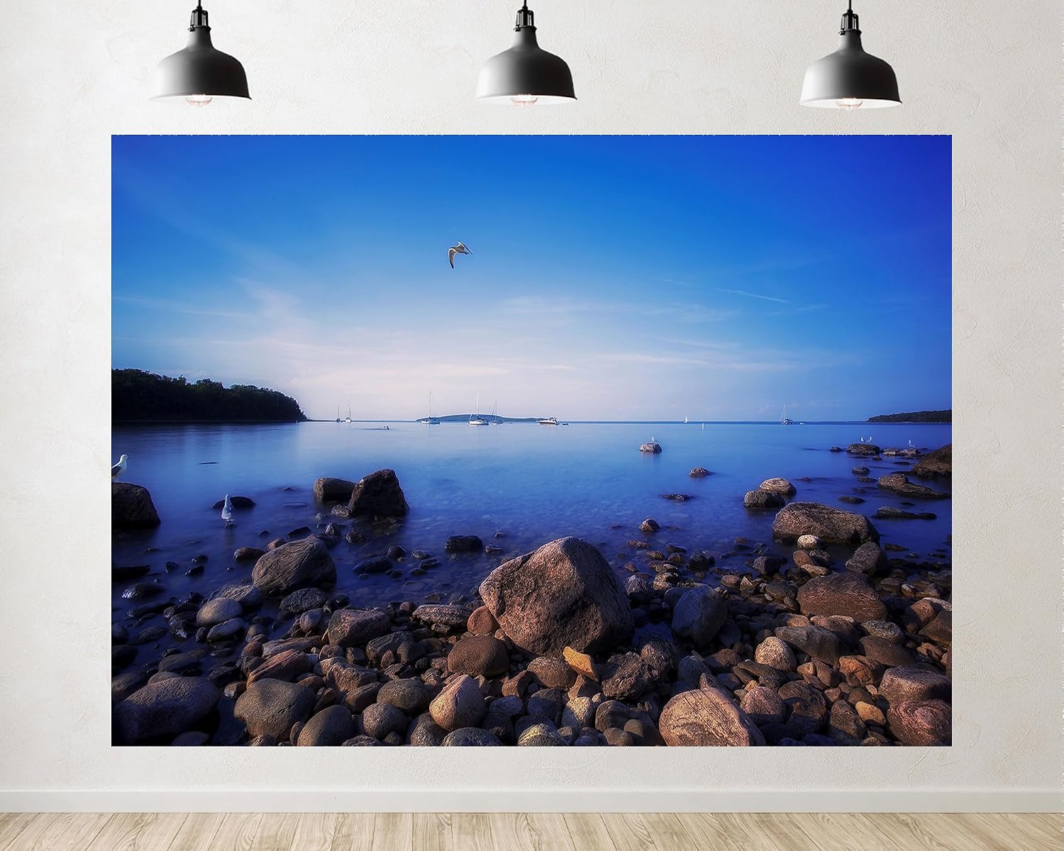 Trykid 20x10ft Smooth Boulders Seagulls Backdrop Calm Bay with Sailboats Drifting and Clear Blue Water Photography Background Coastal Tranquility Party Decoration Photo Booth Prop Fabric