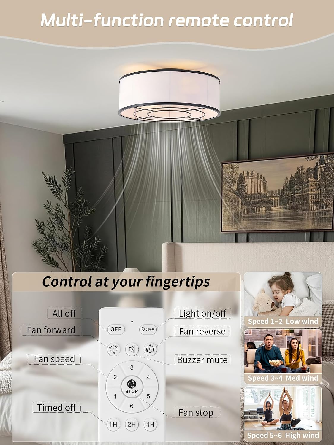 Caged Low Profile Ceiling Fans with Lights, Bladeless Ceiling Fan with lights Remote, Flush Mount Modern Enclosed with 6 Speeds for Bedroom, Kitchen (Black)
