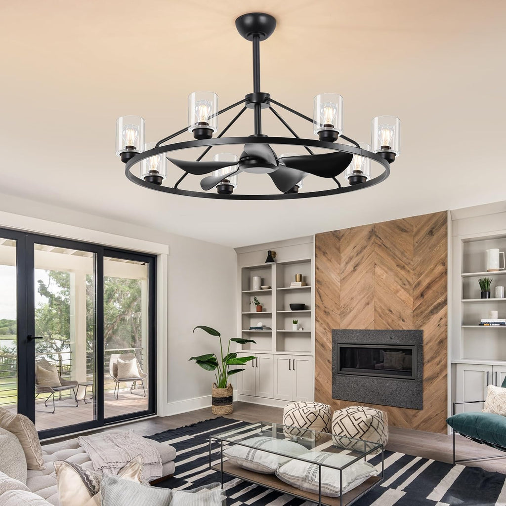 44' Large Ceiling Fans with Lights Wagon Wheel Chandelier, Farmhouse Fandelier Black Fans with Glass Lampshade Light Fixture,App control, 6 Speed, Timing, Adjustable Height for Dining Room Living Room