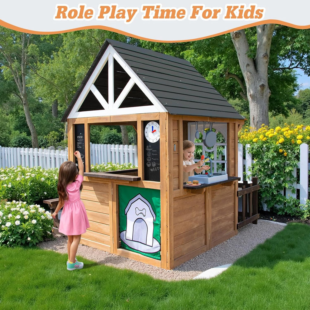 Kids Playhouse Outdoor,Cedar Gray Wooden Play House for Kids Ages 3-8,Interactive Doorbell, Kitchen Counter with Utensils, Sink, Window Boxes for Flowers (Brown)