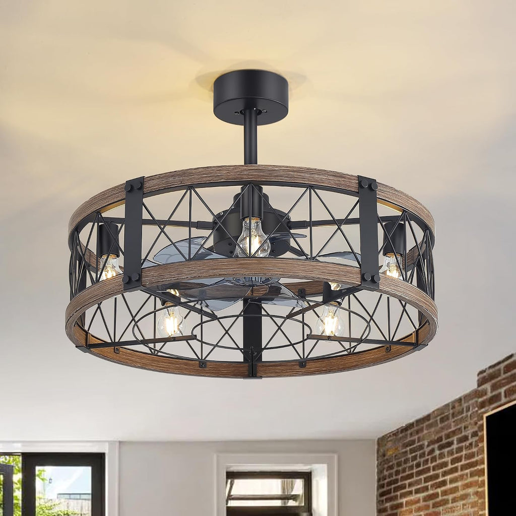 28' Traditional Caged Ceiling Fans with Lights and Remote, 6-Speed Reversible DC Motor, 2 Downrods, Industrial Black and Brown Farmhouse Enclosed Ceiling Fan for Bedroom Living Room
