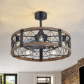 28' Traditional Caged Ceiling Fans with Lights and Remote, 6-Speed Reversible DC Motor, 2 Downrods, Industrial Black and Brown Farmhouse Enclosed Ceiling Fan for Bedroom Living Room
