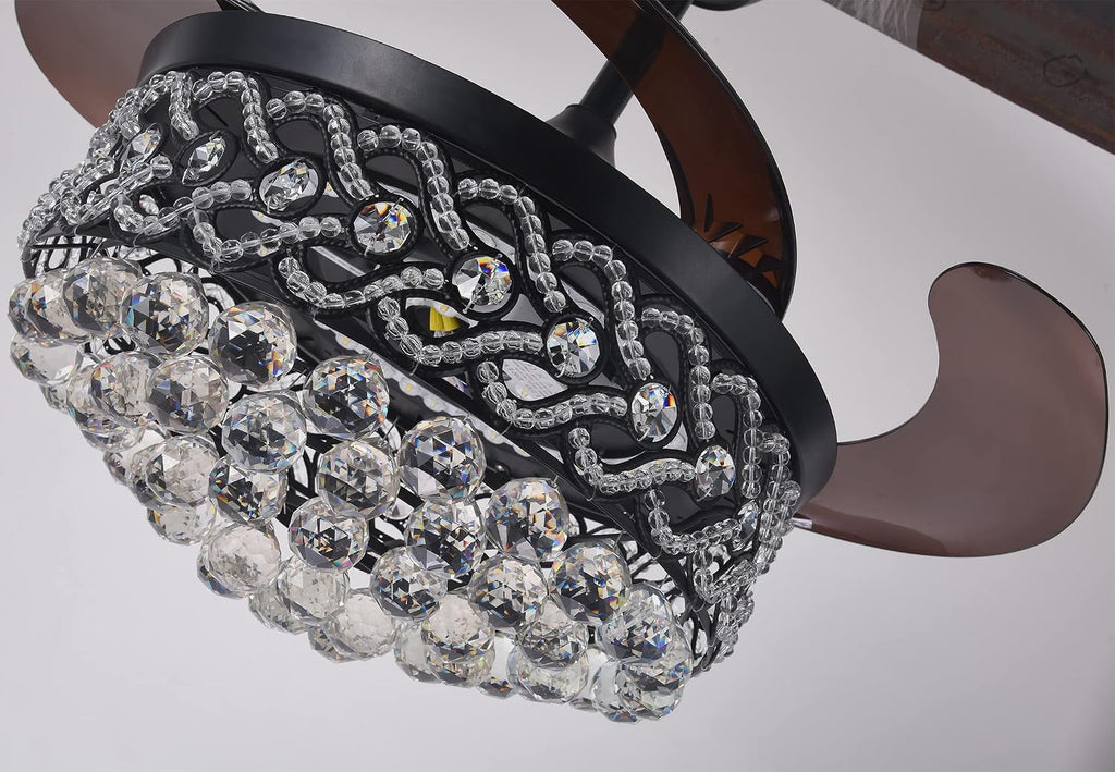 Black Crystal Chandelier Fan, 42' Fandelier Ceiling Fan with Light, Ceiling Fans with Retractable Blades Lights and Remote for Living Dinning Room