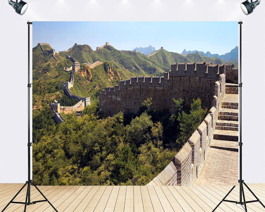 Trykid 20x10ft Great Wall Backdrop Ancient Stone Structure Lush Green Mountains Clear Blue Sky Photography Background Historical Renaissance Party Decoration Photo Booth Prop Fabric