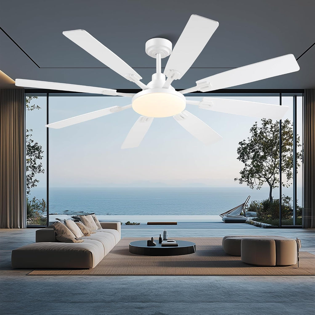 JSAITEE 60In Ceiling Fans with Lights - White Low Profile Fan Light with 8 Blades, 6 Wind Speeds Reversible, Dimmable, Modern Light Fixture for Indoor Living Room, Kitchen, Coverd Patios