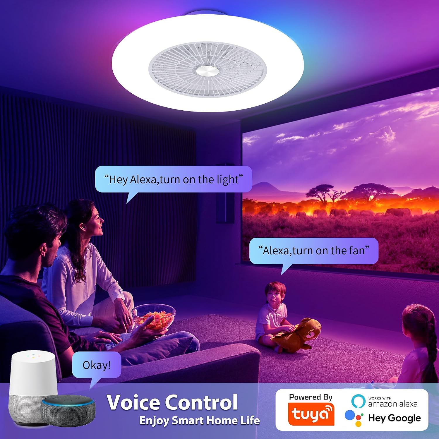 24' Bladeless Low Profile Ceiling Fans with Lights and Remote/APP/Voice Control, Low Profile Ceiling Fan with RGB Lights, Enclosed White