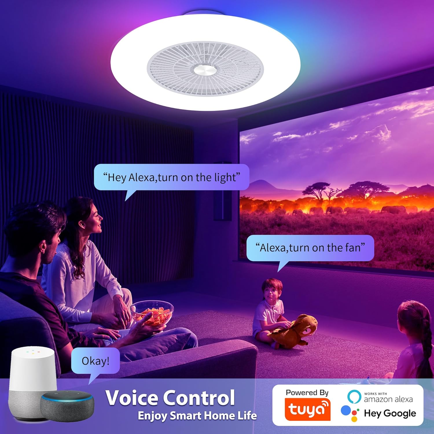 24' Low Profile Bladeless Ceiling Fan with Lights Alexa/Tuya APP/Remote Control, Smart RGB Ceilings Fans with Dimmable Lights, White
