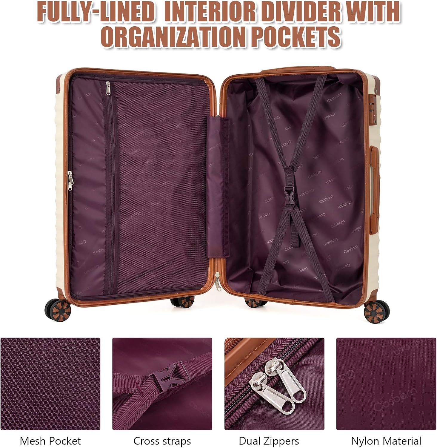 Luggage Sets 5 Piece with TSA Lock Spinner Wheels, Unisex Hard Case ABS Suitcase Set, Hardshell Lightweight Waterproof Travel Hardside Suitcases with Wheels for Women Men,Beige