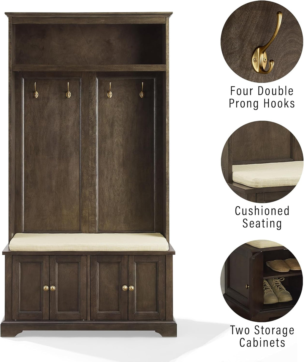 Crosley Furniture Holbrook Hall Tree with Shoe Rack Bench and Coat Hooks for Hanging Storage, Coffee
