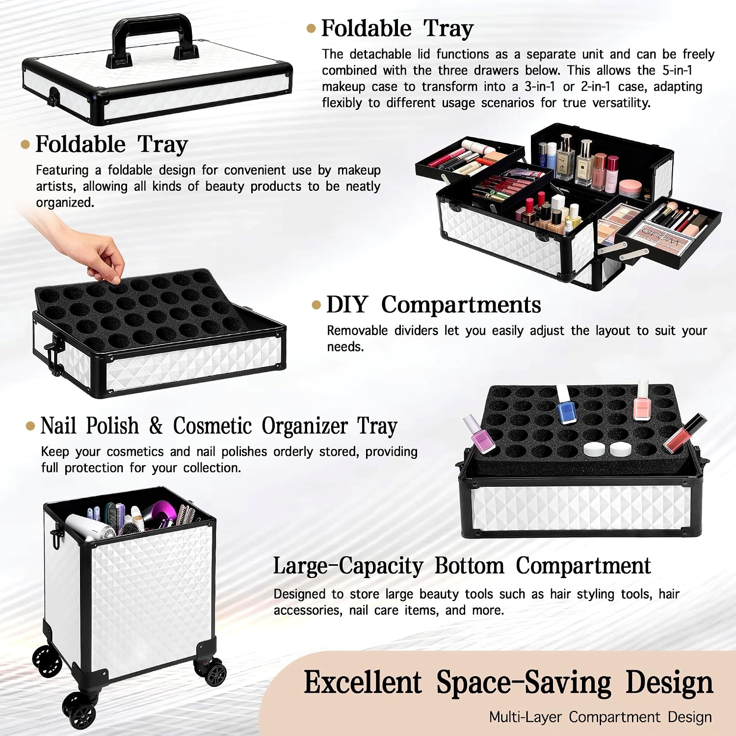 5 in 1 Rolling Makeup Train Case on Wheels Large Cosmetic Organizer Travel Cart for Women Beauty Salon Barber Hairstylist White