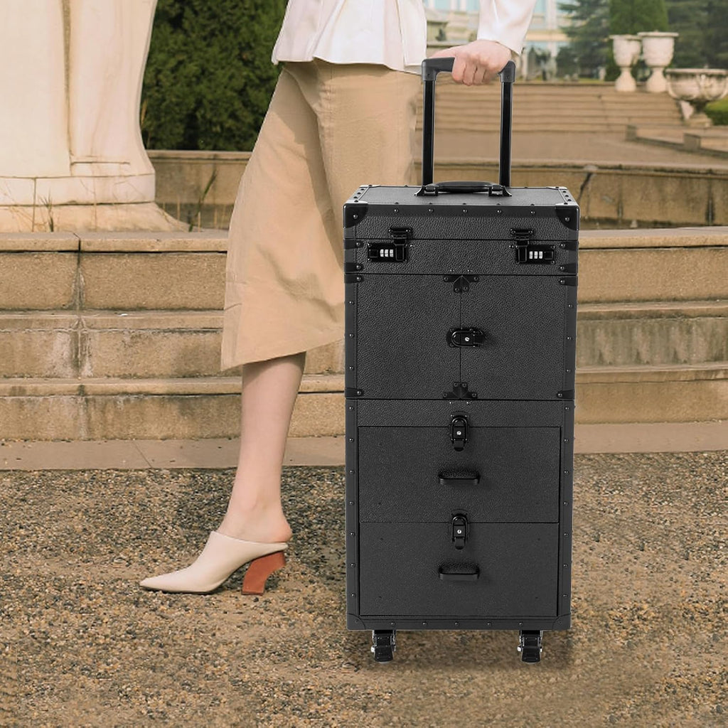 Retro Pull-Handle Makeup Case Trolley, Hairdressing Tool Case with Combination Locks and Key Locks, Rolling Makeup Cart with Wheels Cosmetology Train Case Suitcase (Black)
