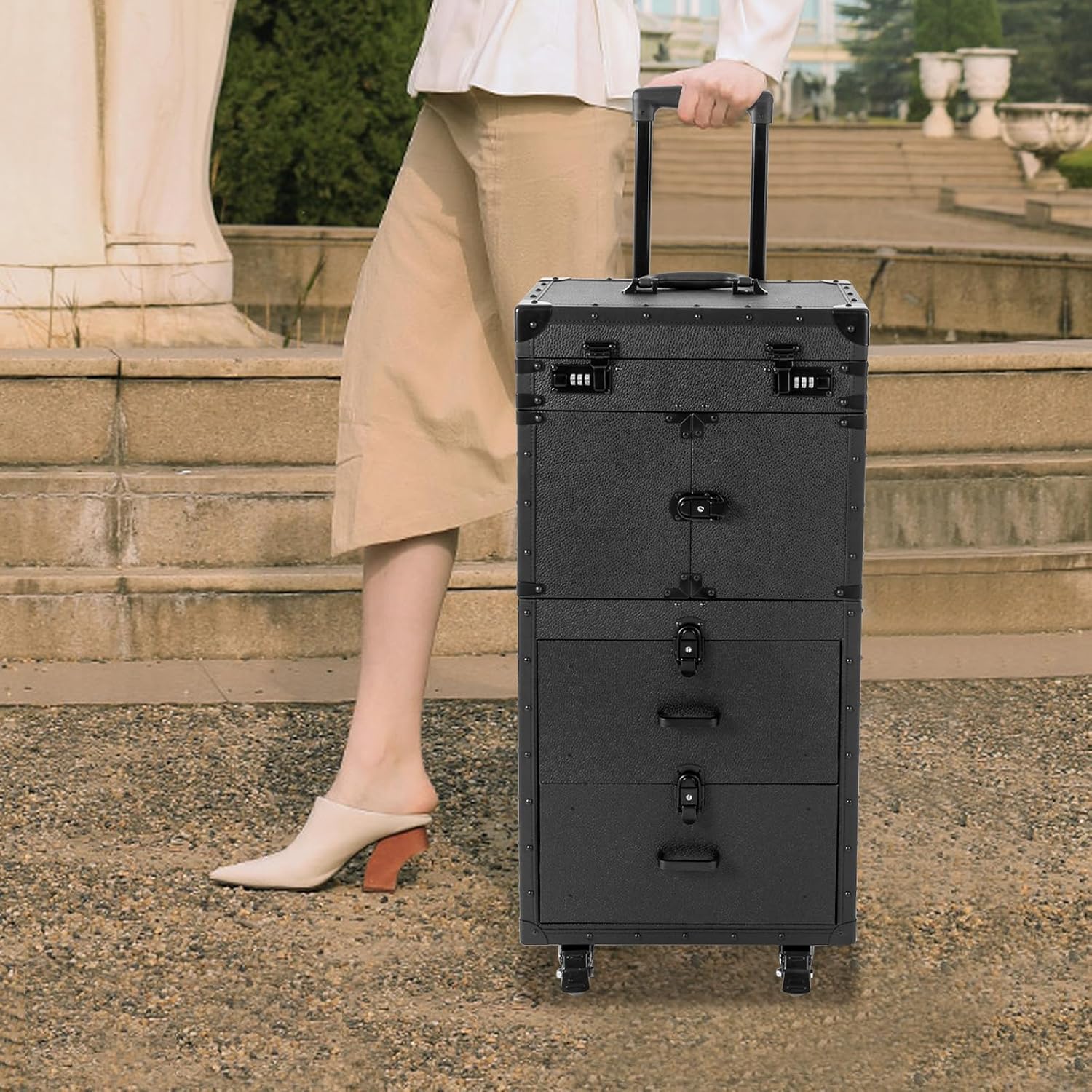Retro Pull-Handle Makeup Case Trolley, Hairdressing Tool Case with Combination Locks and Key Locks, Rolling Makeup Cart with Wheels Cosmetology Train Case Suitcase (Black)
