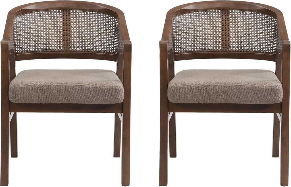 Christopher Knight Home Faritel Modern Dining Chairs Set of 2, Fabric Upholstered Kitchen Side Armchairs, Rubberwood Living Room Comfy Reading Chair with Curved Rattan Back, Walnut+Brown