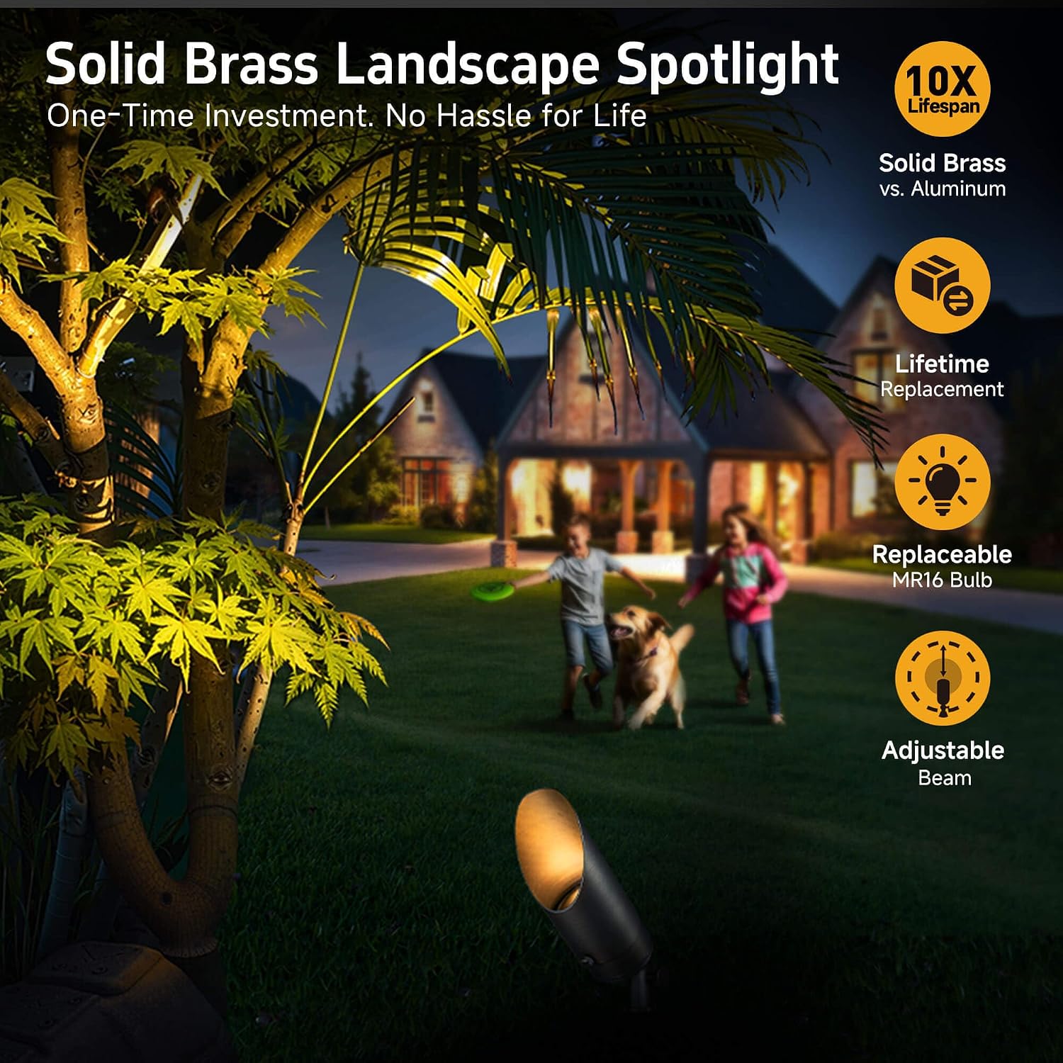 Gardenreet Brass Landscape Lighting - Low Voltage Outdoor Spotlights, Wired LED Uplights 12V, Waterproof Spot Lights, Antique Bronze for Outside Trees with Warm White MR16 Bulb (4 Pack)