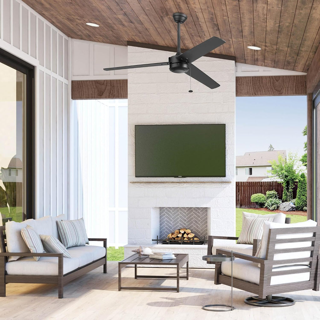 Prominence Home Tenant, 52 Inch Contemporary Indoor Outdoor LED Ceiling Fan, No Light, Pull Chain, Dual Mounting Options, 3 Dual Finish Blades, Reversible Airflow - 51866-01 (Matte Black)