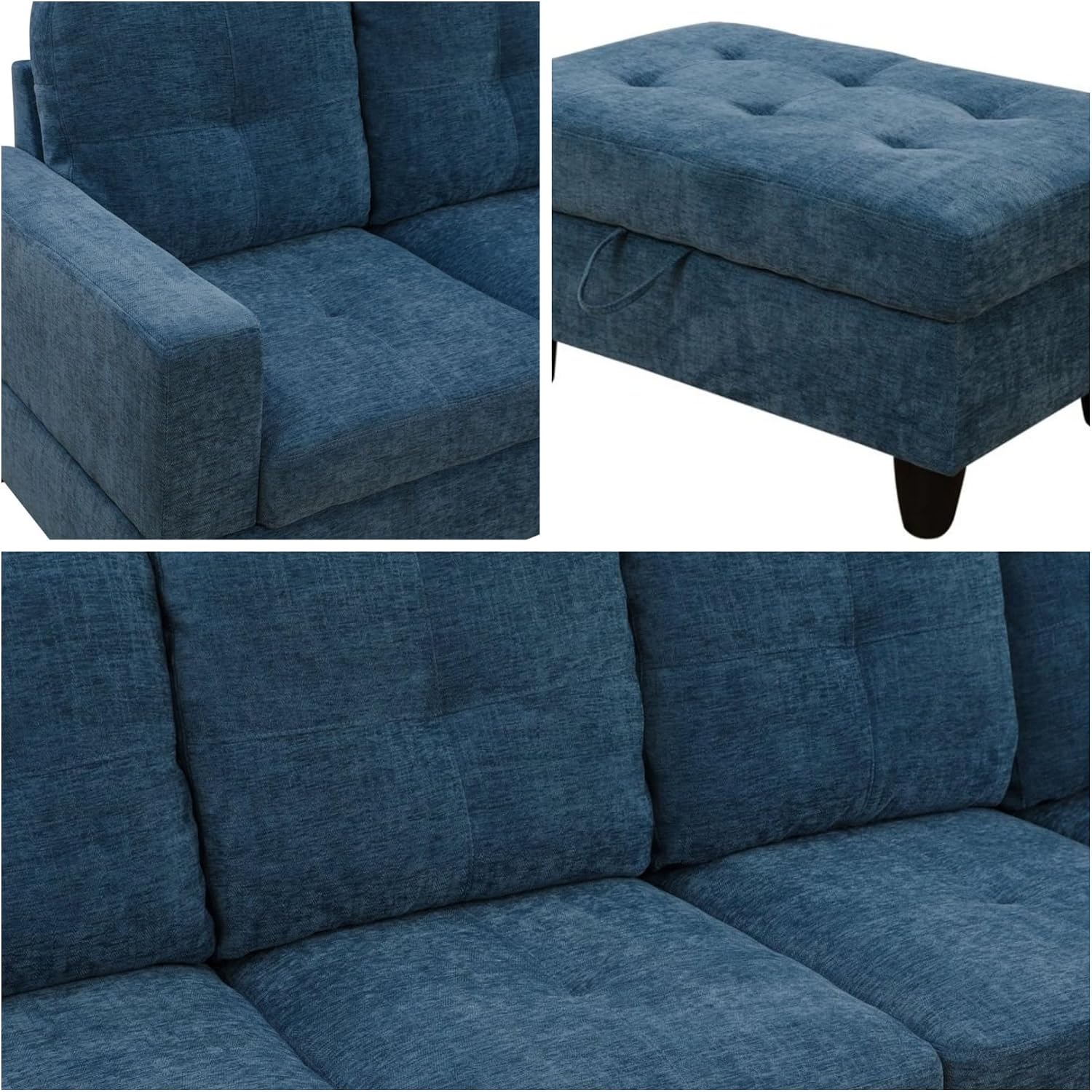 103.5' Sectional Couches for Living Room, Leather 4 Seat L Shaped Couch with Chaise, 3-Piece Modular Sofa with Storage Ottoman, Home Furniture Sets for Apartment Office, Blue