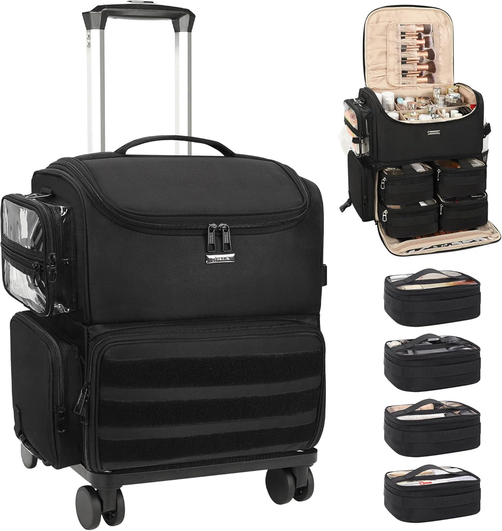 Relavel Rolling Makeup Train Case, Cosmetology Case on Wheels with 4 Clear Bags, Professional Makeup Artist Set Bags Cosmetic Storage Organizer with Adjustable Dividers, 360° Spinner Wheels, Black