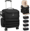Relavel Rolling Makeup Train Case, Cosmetology Case on Wheels with 4 Clear Bags, Professional Makeup Artist Set Bags Cosmetic Storage Organizer with Adjustable Dividers, 360° Spinner Wheels, Black