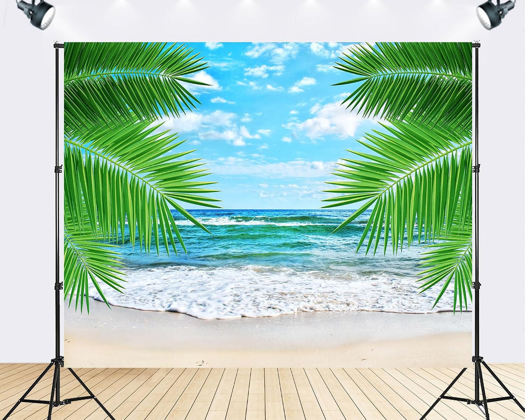 Trykid 20x10ft Tropical Palm Frond Beach Backdrop Turquoise Ocean White Sand Gentle Waves Clear Blue Sky Photography Background Vacation Tapestry Party Decoration Photo Studio Prop Fabric