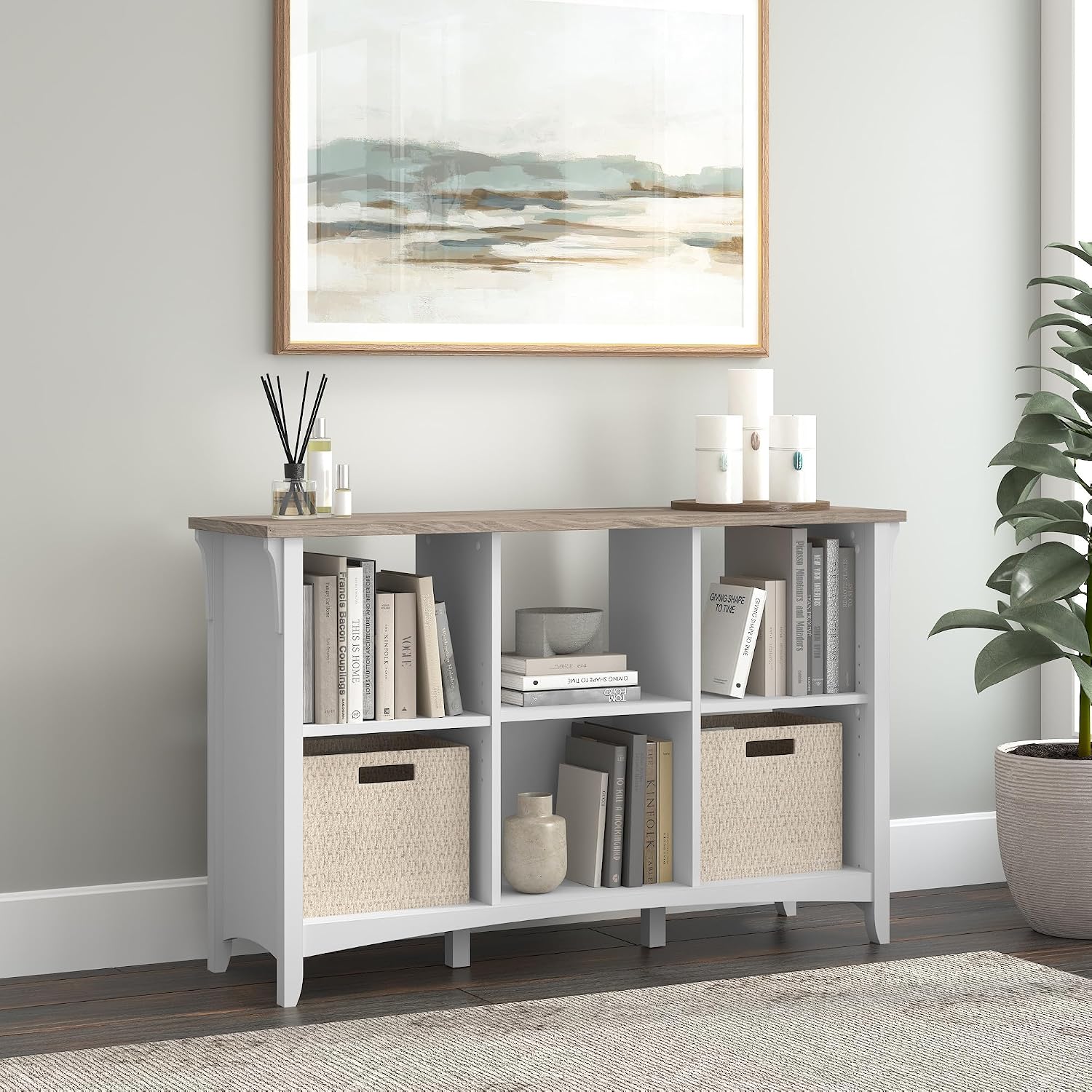 Bush Home Salinas 6 Cube Organizer in Pure White and Shiplap Gray, Office Storage Solution, Home Organizer with Open Shelving, Compact Unit for Books and Supplies