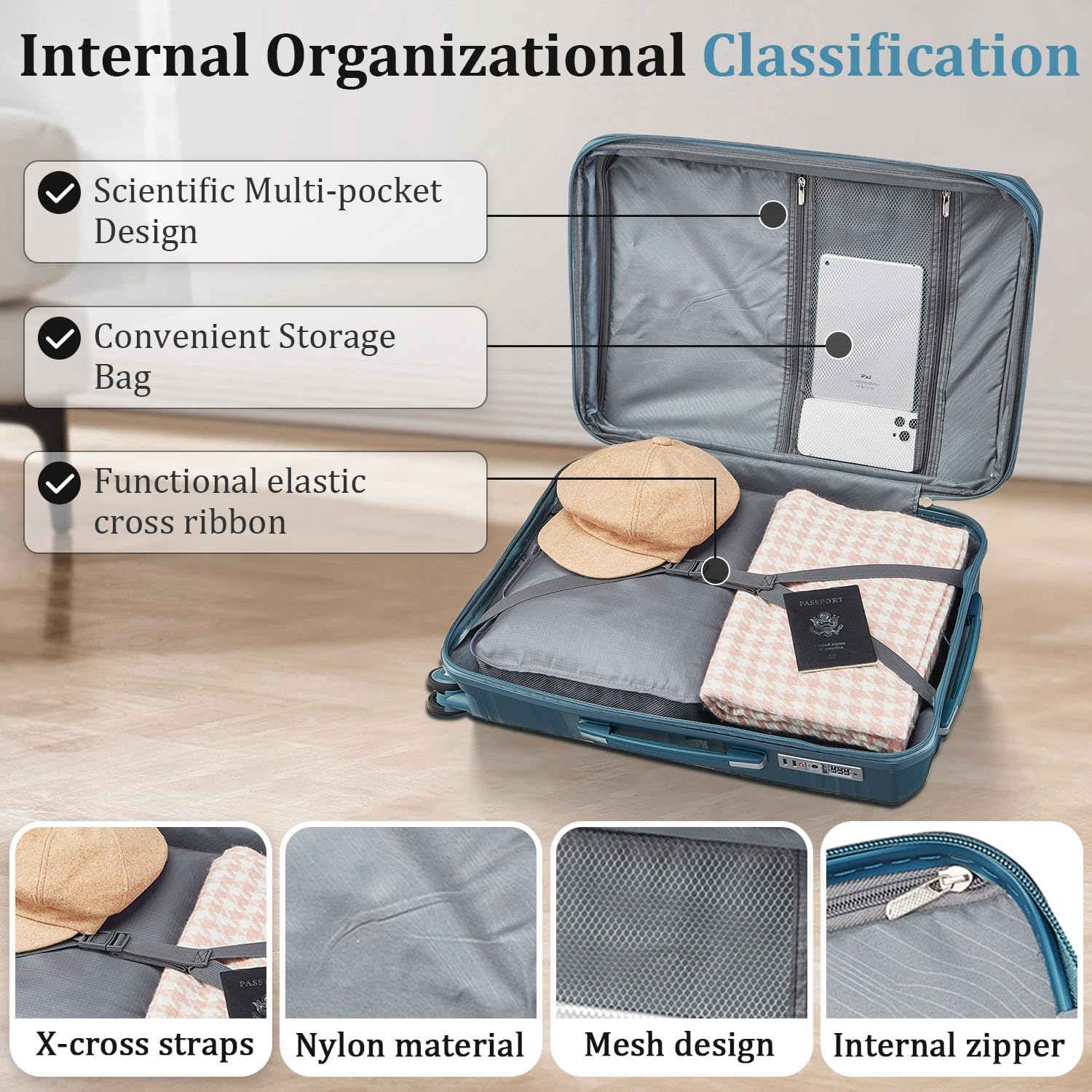 TRAVELEO 4 Piece Luggage Set PP Hardshell, Expandable Suitcase Set (20/24/28) with 14' Cosmetic Case, Lightweight Spinner Wheels with TSA Lock, Detachable Wheels for Nesting Storage (Peacock Blue)