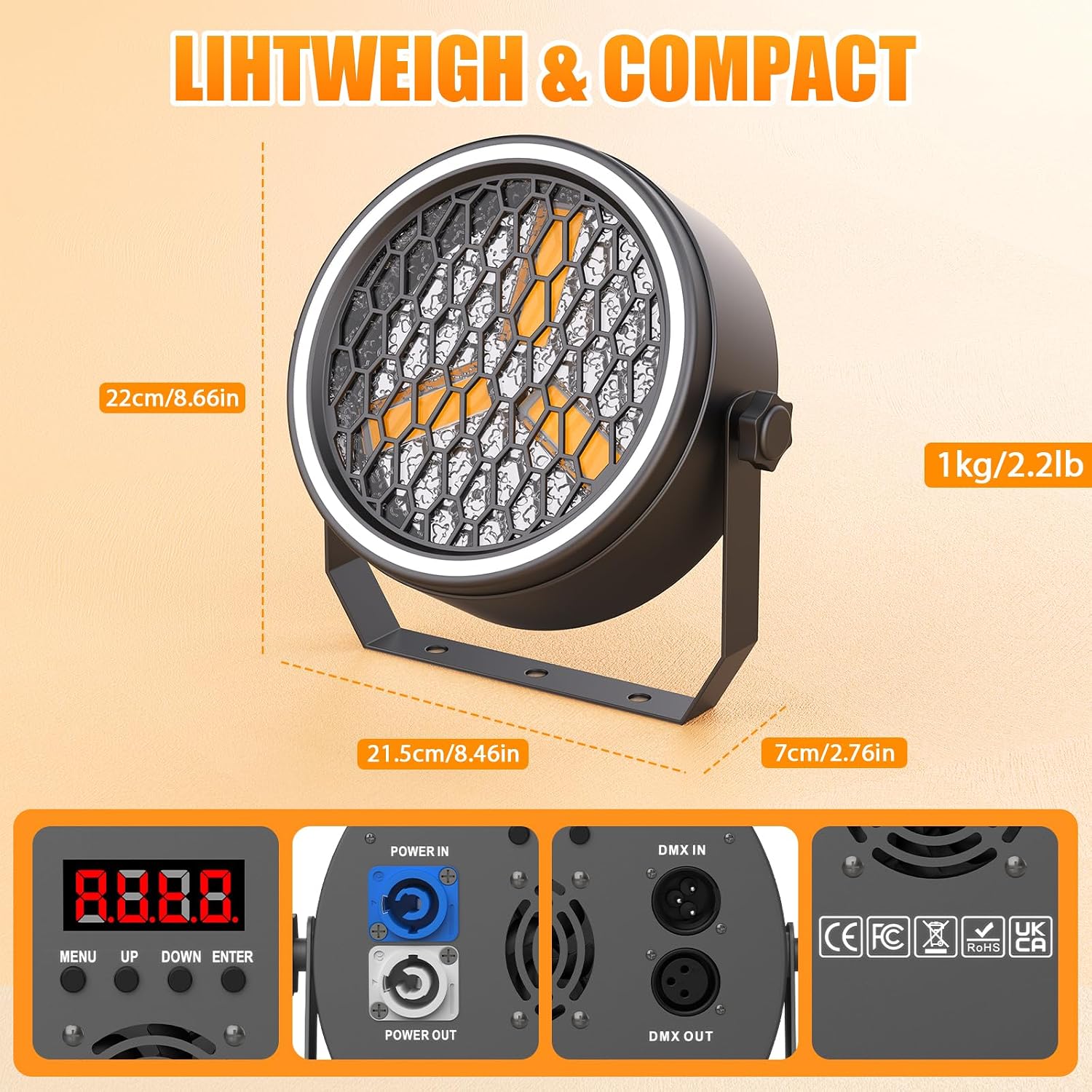 Stage Par Lights COB Stage Spotlights, Gold Super Bright LED Par Can Light with Strip, DMX512 Sound Activated Retro Uplights Indoor for Events Club Wedding Theater Church Dance Lighting(2 Pack)