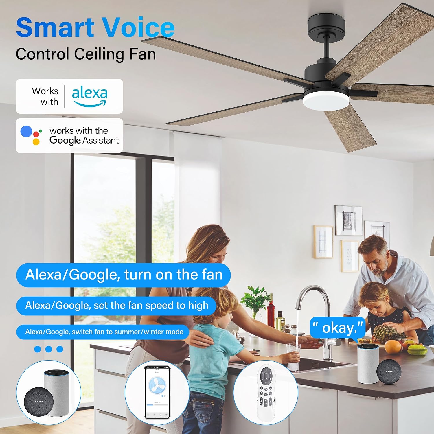 Lorpies 52' Smart Ceiling Fan with Lights Remote,Ultra Silent DC Motor,Control via Alexa Google Voice App Wifi,Outdoor Indoor Modern Ceiling Fans for Bedroom Patio Porch,Dimmable,Black Walnut Brown