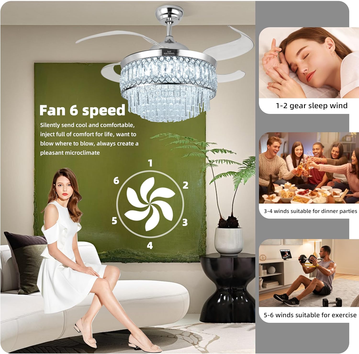 Retractable Crystal Ceiling Fan with Lights, Bluetooth Ceiling Fan with Speaker, 6-Speed Reversible Blades, RGB-LED Light, Remote & APP Control Crystal Chandelier for Bedroom Living Room 42'