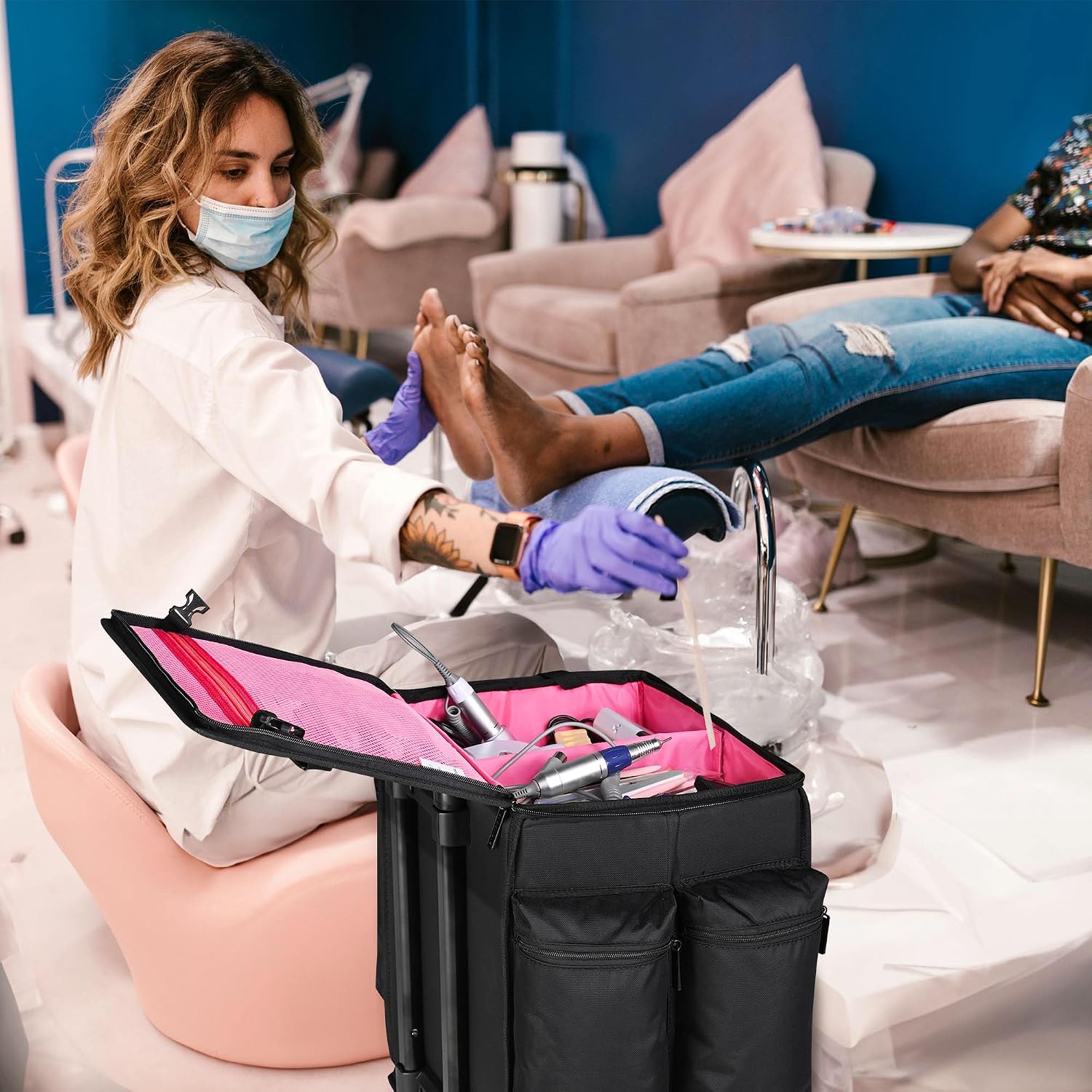 BYOOTIQUE Rolling Makeup Train Case Soft Sided Nylon Fabric Travel Cosmetic Organizer Storage Makeup Trolley Suitcase for Makeup Artist, Pink