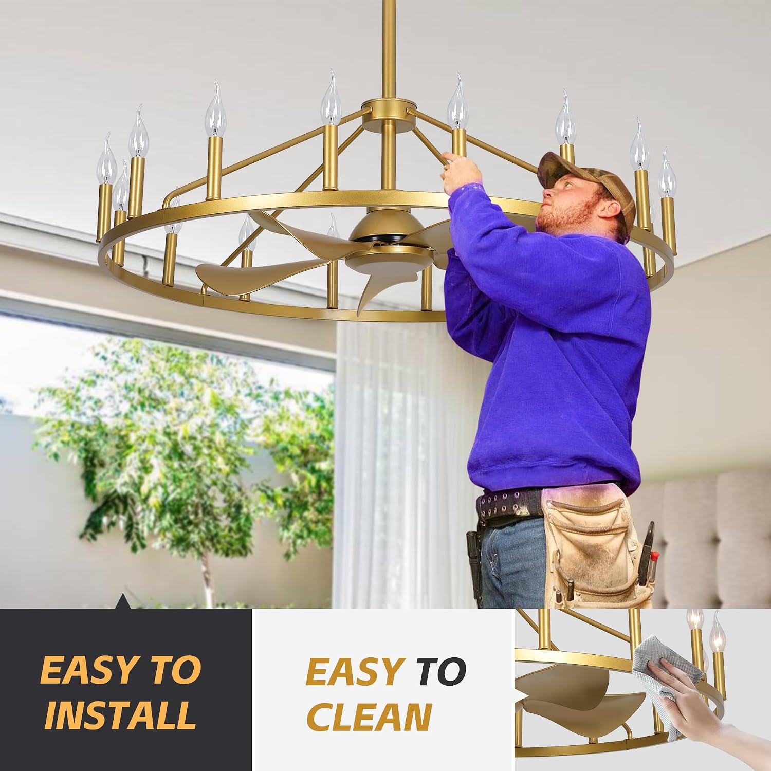 Farmhouse Chandelier Ceiling Fan with Light and Remote, 16-Lights Large Wagon Wheel Fandelier with Candle for Living Room, Gold Fan with Big Light Fixture for Living Room