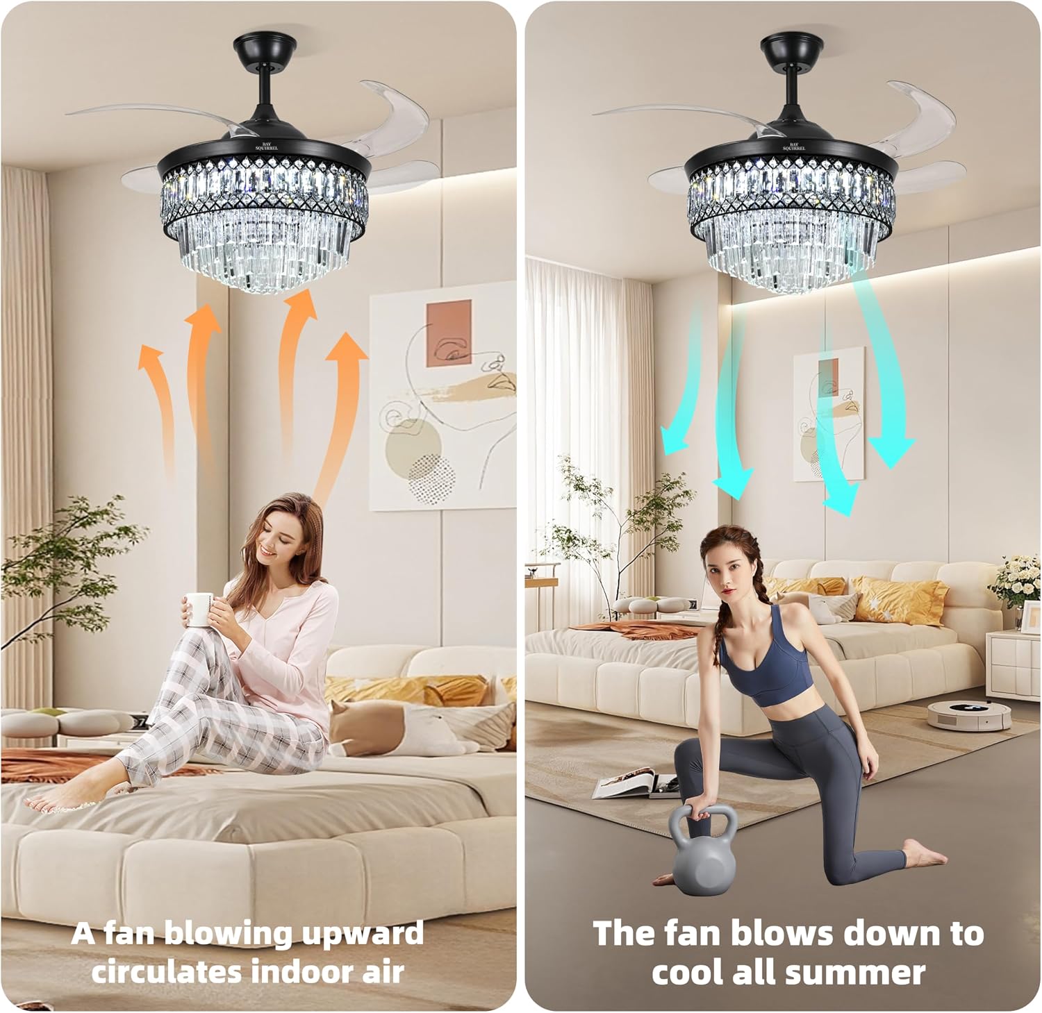 BAYSQUIRREL Retractable Crystal Ceiling Fan with Lights, Bluetooth Ceiling Fan with Speaker, 6-Speed Reversible Blades, RGB-LED Light, Low Profile Modern Fandelier Fan for Bedroom Living Room 42'