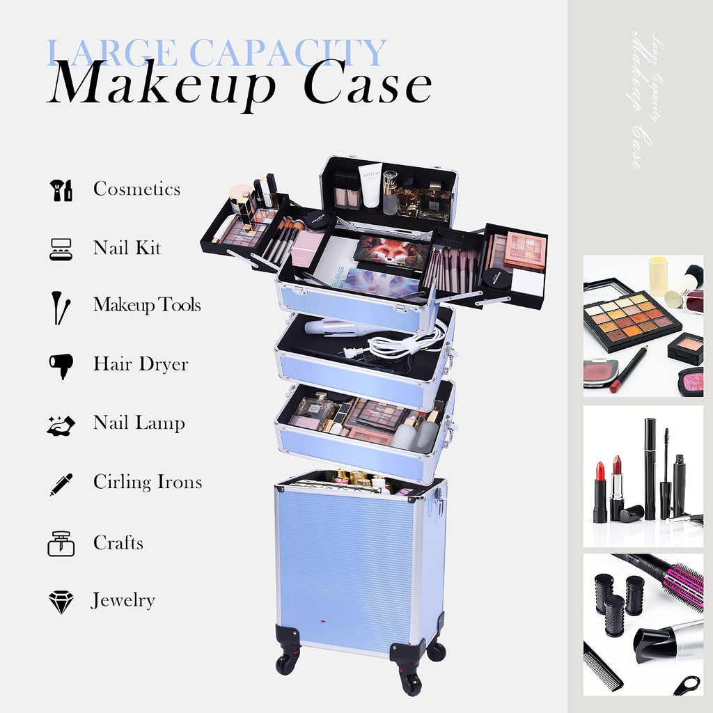 5-in-1 Rolling Makeup Train Case, Large Professional Cosmetic Trolley Organizer on Wheels with 360° Swivel Wheels, Lockable Black Aluminum Travel Case for Makeup Artists, Nail Techs & Hairstylists