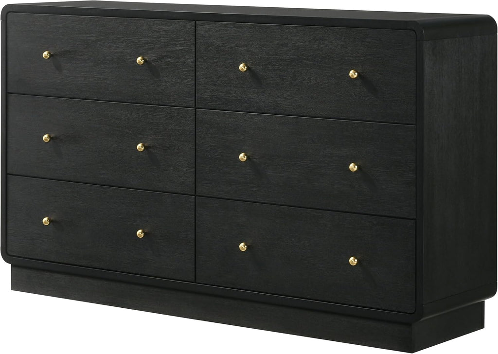 Coaster Home Furnishings - Cavelle - Wood - 6-Drawer Dresser with Mid-Century Modern Style, Gold Ball Knobs, Metal Extension Glides, Rounded Corners - Bedroom - Black - 223663