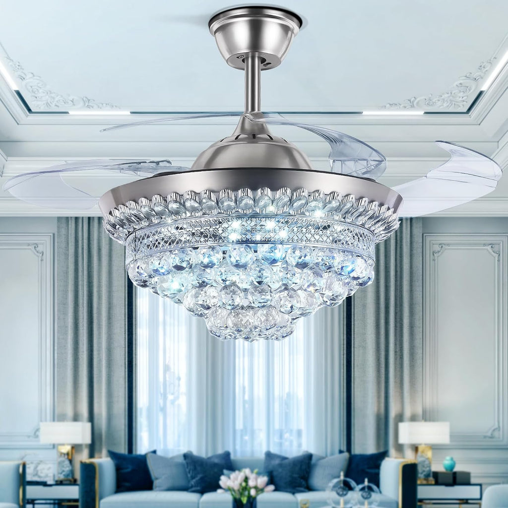 BIGBANBAN 42' Crystal Ceiling Fan with Light Remote Control, Silver Retractable Chandelier Fan 3 Colors LED Light 3 Speeds Modern Fandelier Chandelier for Living Room Bedroom