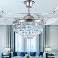 BIGBANBAN 42' Crystal Ceiling Fan with Light Remote Control, Silver Retractable Chandelier Fan 3 Colors LED Light 3 Speeds Modern Fandelier Chandelier for Living Room Bedroom