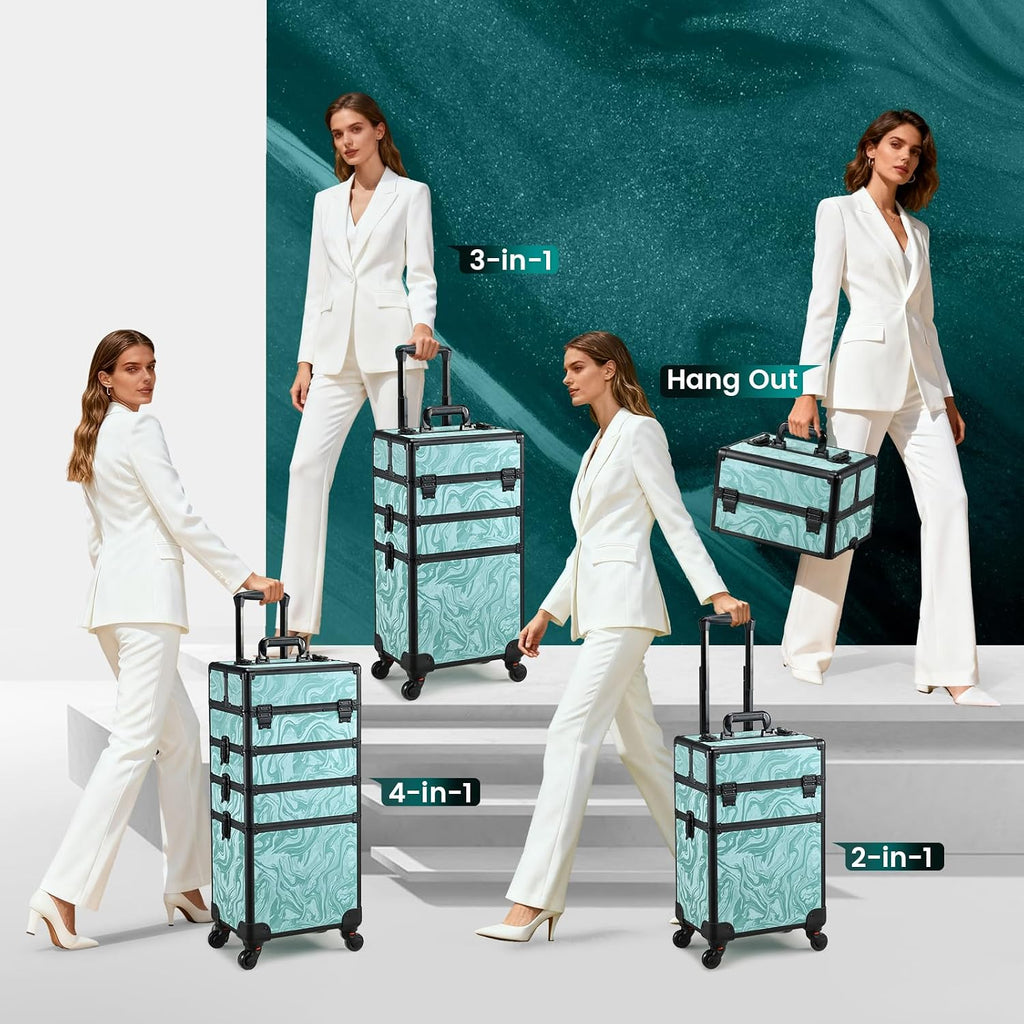 Stagiant Rolling Makeup Case 4 in 1 Cosmetology Case on Wheels Makeup Travel Case with Cosmetic Bag Key Swivel Wheels Salon Barber Case Traveling Cart Trunk Cosmetic Trolley Alpine Blue