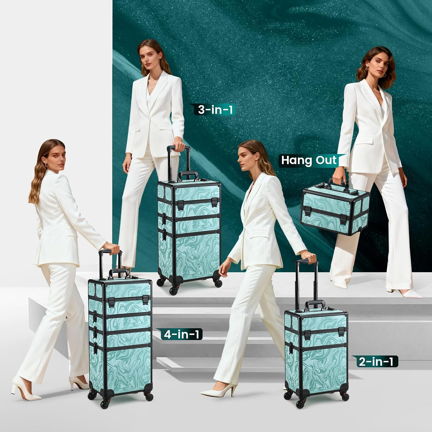 Stagiant Rolling Makeup Case 4 in 1 Cosmetology Case on Wheels Makeup Travel Case with Cosmetic Bag Key Swivel Wheels Salon Barber Case Traveling Cart Trunk Cosmetic Trolley Alpine Blue
