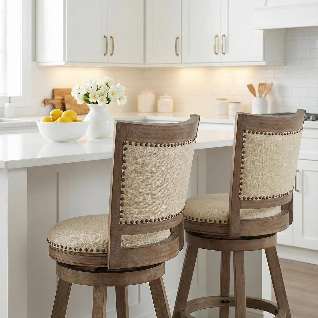 Cortesi Home Marko Stool in Beige Fabric Swivel Seat with Back, 24' Counter Height, Driftwood