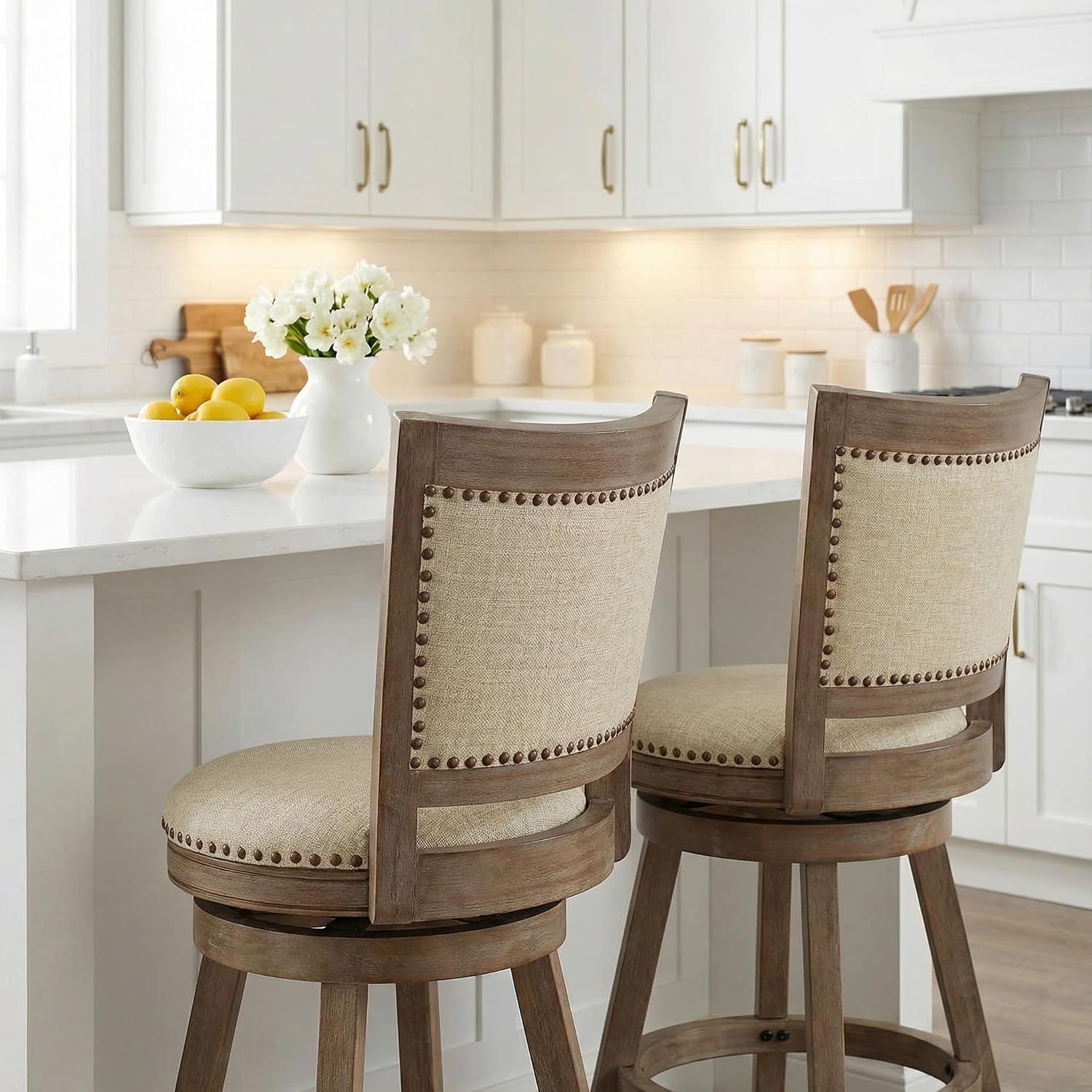 Cortesi Home Marko Stool in Beige Fabric Swivel Seat with Back, 24' Counter Height, Driftwood
