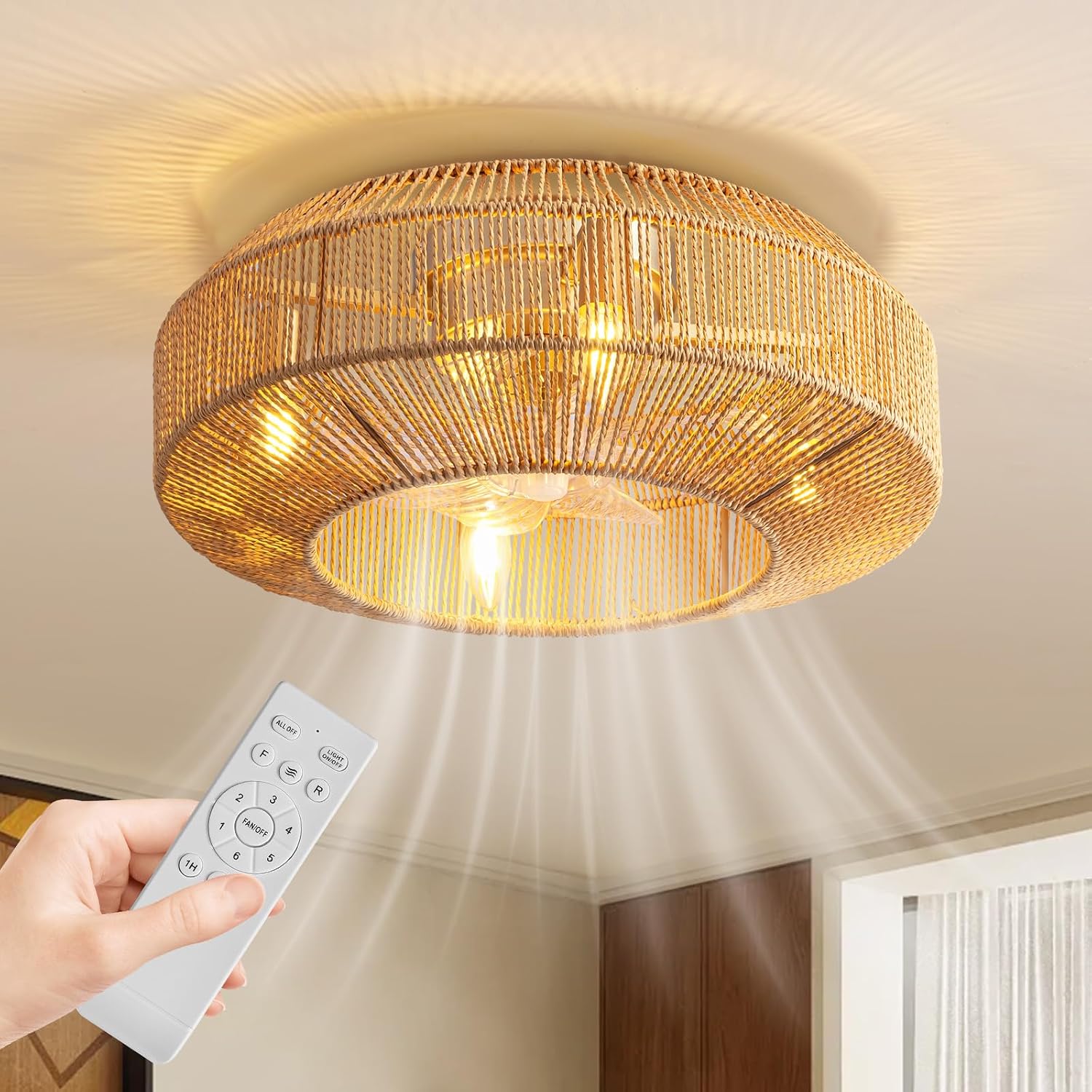 20' Boho Caged Ceiling Fan with Light Flush Mount Boho Caged Ceiling Fan Fandelier with Remote Control 6 Speeds Fandelier for Bedroom, Living Room, Kitchen