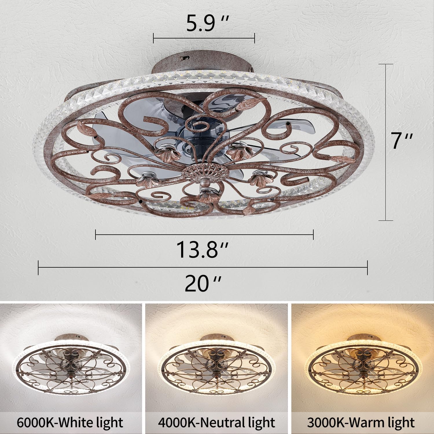 Rustic Caged Ceiling Fan with Lights Remote Control, Retro Industrial Ceiling Fan with Light for Kitchen Bedroom Living Room