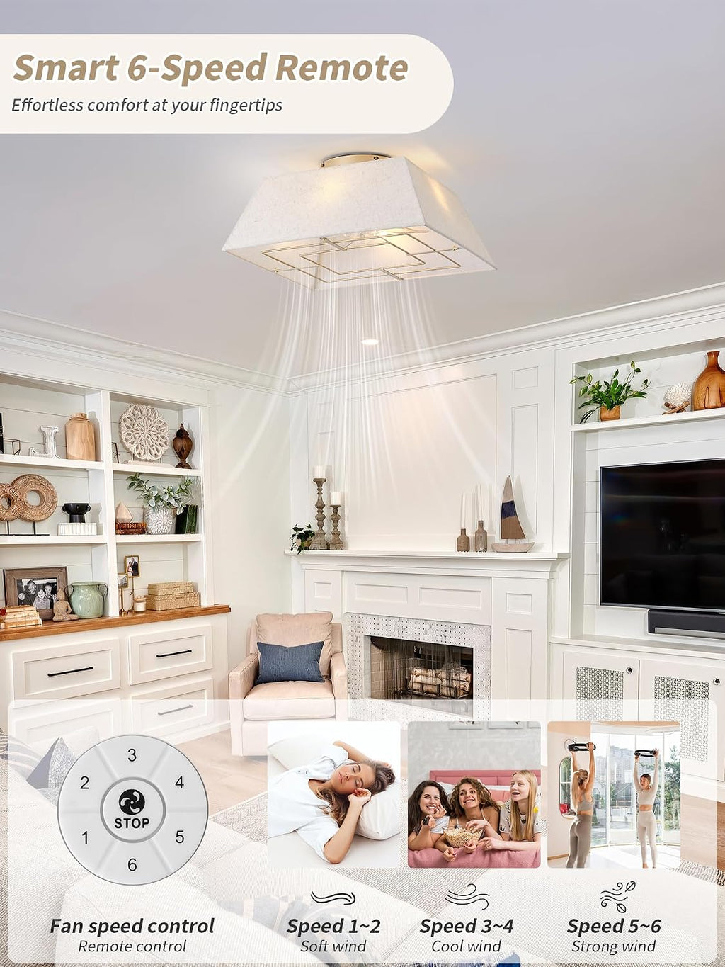 20' Boho Ceiling Fans with Lights Flush Mount, Bladeless Ceiling Fan with Light Remote Control, Square with 6 Speeds for Bedroom, Living Room, Nursery (Beige)
